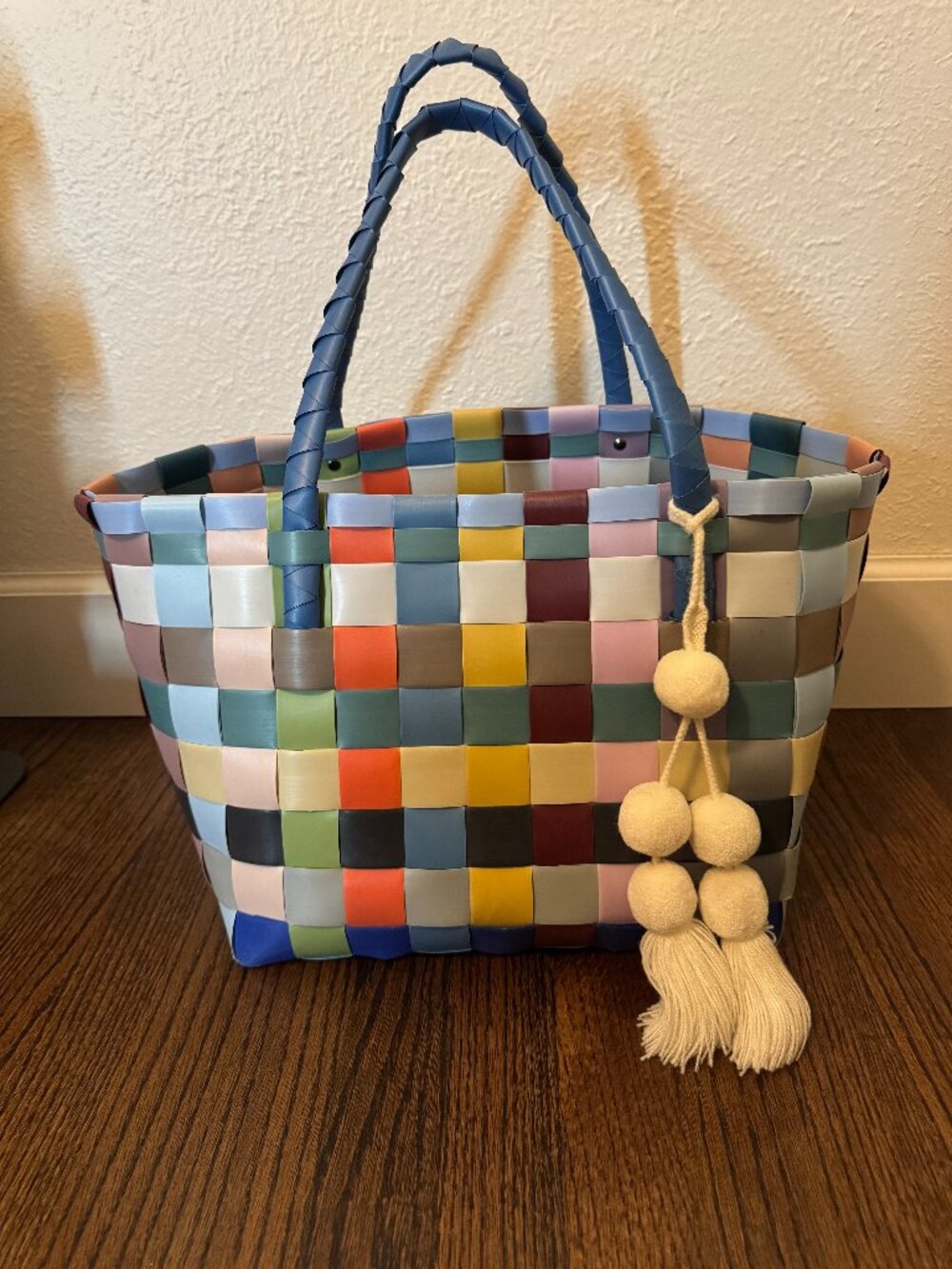 Handed By Paris Recycled Plastic Tote Bag Multi Color with Cream Pom Pom